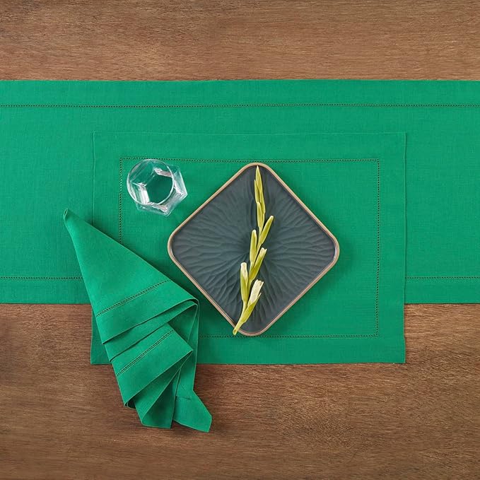 Solino Home Linen Emerald Green Hemstitch Table Runner 48 Inches - 100% Pure Linen Small Table Runner 14 x 48 Inch Ideal for Dresser and Coffee Tables - Classic Hemstitch - Christmas