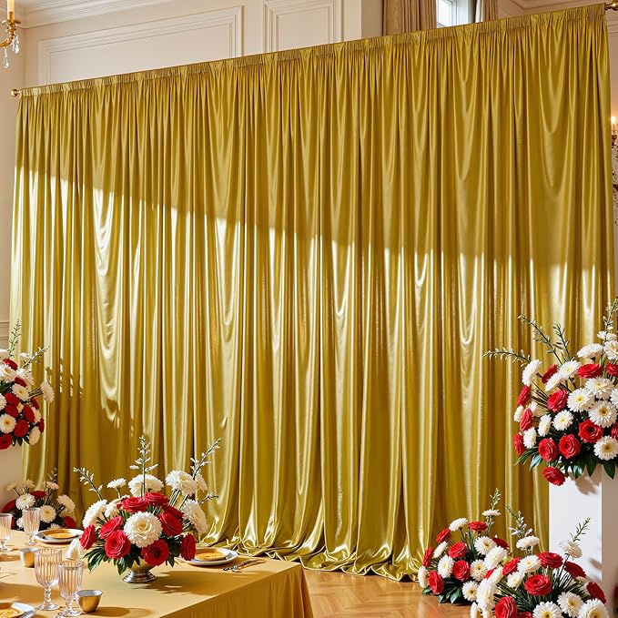 Golden Brown Satin Backdrop Curtains 2 Panels - Glitter Photo Drapes for Baby Shower, 10x10FT Shimmer Back Drop Cloth, Wrinkle Free for Golden 50th Birthday Party Decorations