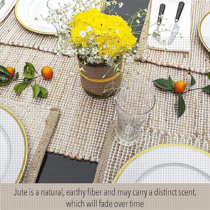 Chardin home Natural Jute Table Runner 13x72 Inch – Vintage Boho Rustic Table Decor – Handwoven Table Runner in Natural Jute and Ivory – Farmhouse Dining or Console Table Accent