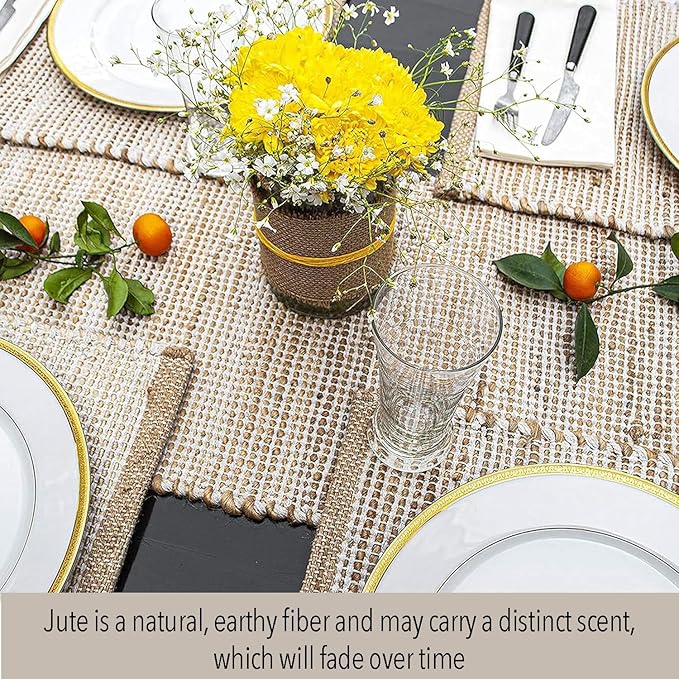 Chardin home Natural Jute Table Runner 13x90 Inch – Vintage Boho Rustic Table Decor – Handwoven Table Runner in Natural Jute and Ivory – Farmhouse Dining or Console Table Accent