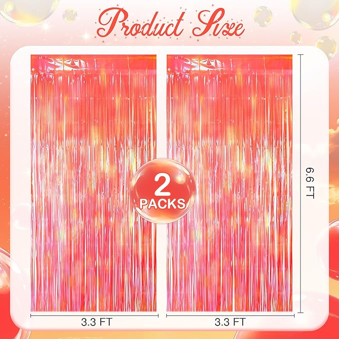 2 Pack Orange Party Streamers Backdrop Curtains, 3.3x8.2ft Holographic Tinsel Foil Curtain Photo Booth Props for Birthday, Wedding, Holiday Celebration, Bachelorette, Theme Decorations