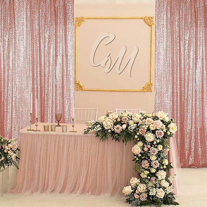 Sugargirl Rose Gold Sequin Backdrop Curtain 4 Panels 2FTx8FT Glitter Rose Gold Background Drapes Sparkle Photography Backdrop for Party Wedding Birthday Wall Decoration