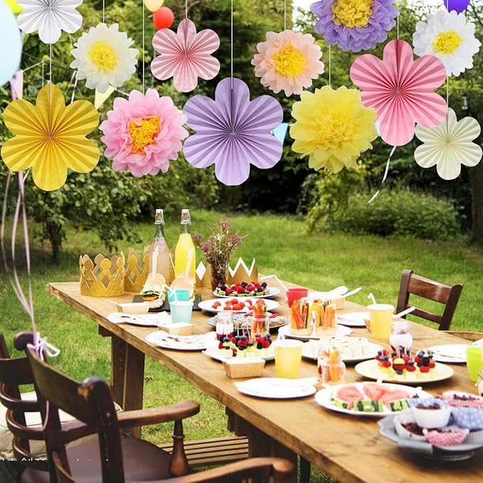 BestoFun 12PCS Paper Flowers Fans Colorful Party Decorations Tissue Paper Flowers Decorations for Girl Groovy Birthday Baby Shower Wedding Bachelorette Room Wall Hanging Décor