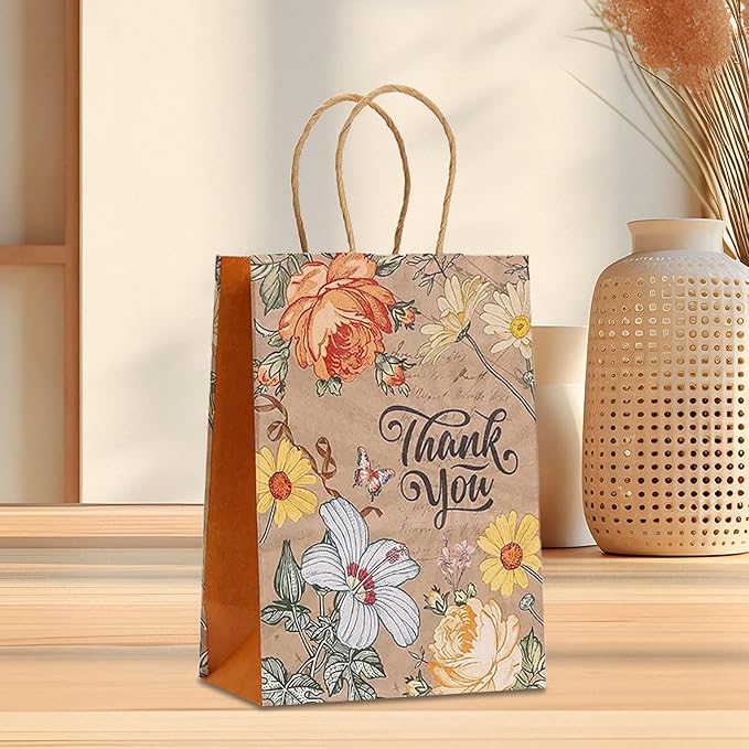 piqiya 24pcs Vintage Floral Gift Bags,Thank You Kraft Paper Bags with Handles for Friend Teacher Mom,Colorful Flower Pattern Bag for Gifting,Birthday,Gratitude,Party Goody Treat Bag