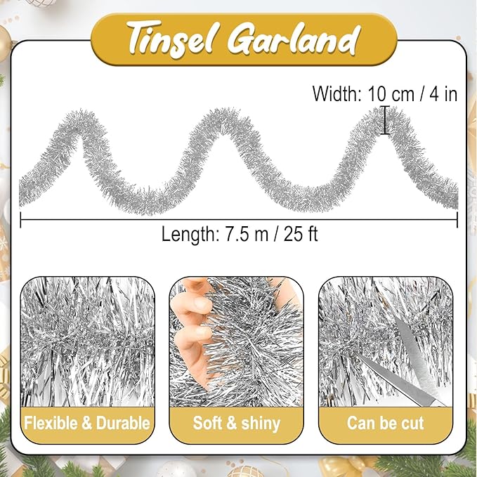 25 Feet Silver Christmas Tinsel Garland, Metallic Foil Twist Banner Wall Hanging Tinsel Streamers Backdrop for Parade Floats, Christmas, Mother's Day, Birthday Party Decorations(4in x 25ft)