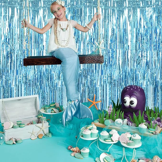TONIFUL 3Pcs Light Blue Door Streamers,Light Blue Photo Booth Backdrop Metallic Streamers Foil Fringe Curtains for Birthday,Christmas,New Year,Bachelorette,Grad Party Streamers Decor(9.9ft x 6.6ft)