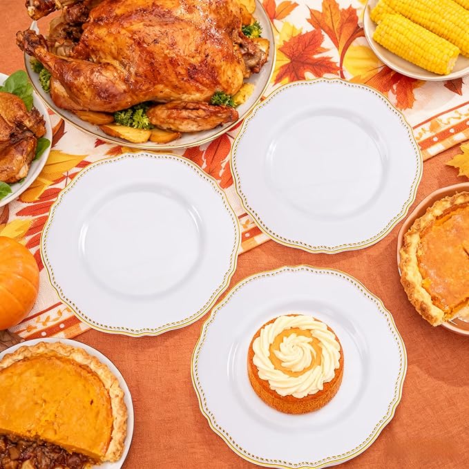 Hioasis 60pcs Gold Plastic Plates - White and Gold Disposable Dinnerware with Gold Rim, Heavy-duty, 7.5 inch, Dessert Plates for Party & Thanksgiving
