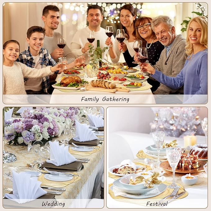 Sieral 24 Set 15 Inch Round Pressed Vinyl Placemats Hollow Out Rose Placemat Set Metallic Slip Resistant Place Mat Coaster Including Place Mats and Coasters for Wedding Dining Kitchen (Gold)