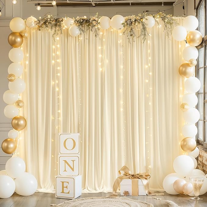Light Champagne Backdrop Curtains with Lights String for Parties,10x10FT Wrinkle Free Wedding Photo Backdrop Curtains for Baby Shower Birthday Ceremony Reception Home Party Decorations-5ft x 10ft