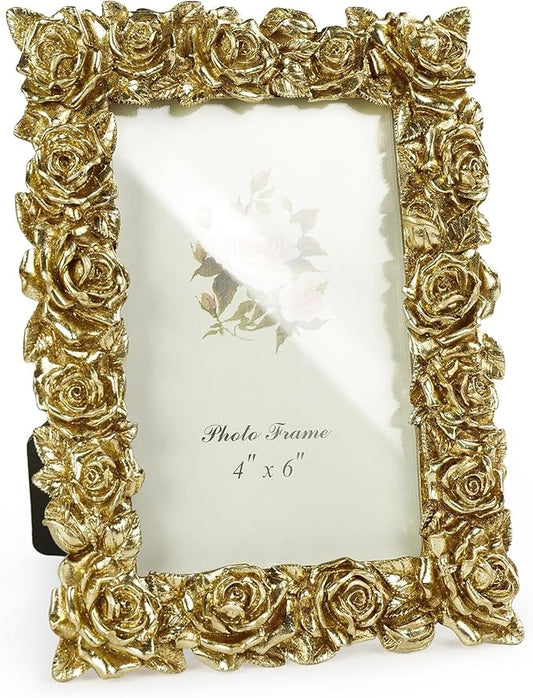 Cuspin Vintage Gold 4x6 Picture Frame, Gold Ornate Rose Flower Resin Photo Frame with Glass Front for Tabletop or Wall Hanging, Antique Picture Frames for Home Office Decor