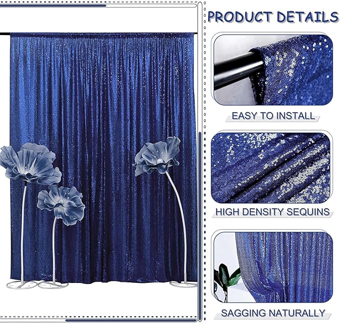 Navy Blue Sequin Backdrop Curtain 8FT x 8FT 1Panel Navy Glitter Photography Background Sequence Backdrop for Wedding Party Xmas Thanksgiving Holiday Festival Decor