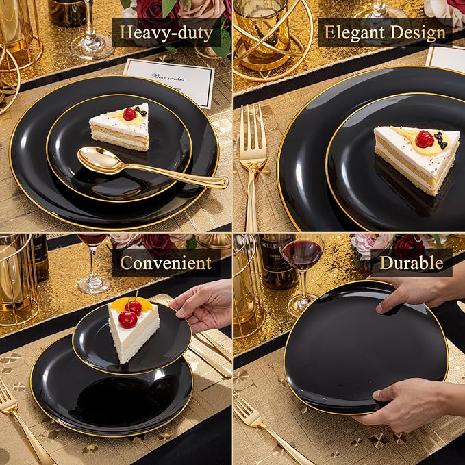 KIRE 200Pcs Black Plastic Plates - Black Plates Disposable for Party - Include 100 for Dinner and 100 for Dessert for Birthday/Wedding/Halloween
