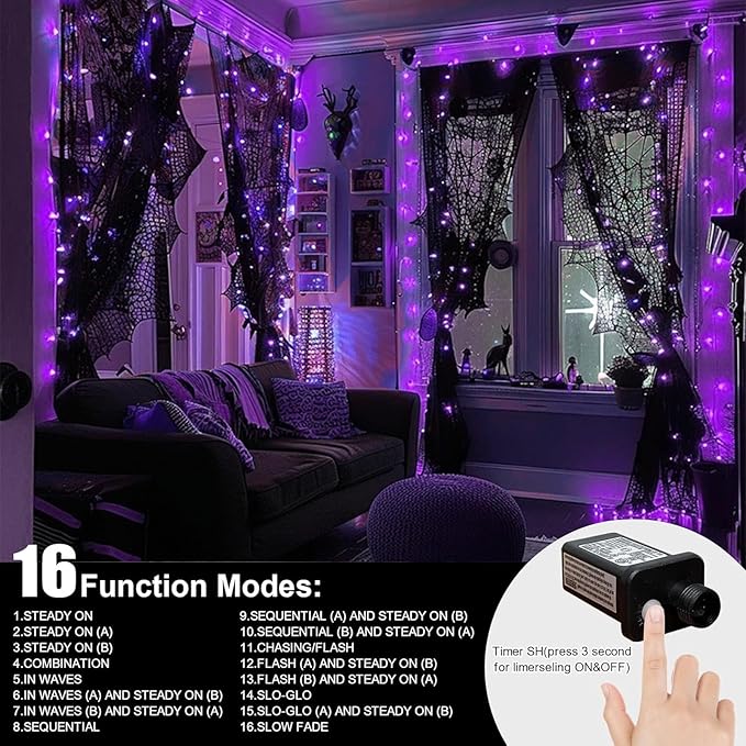 LAMPHOME 33ft Halloween Decorative Mini Lights, 100 LED Transparent Wire Fairy Starry String Lights Plug in, 11Lighting Modes, for Halloween Decoration Outdoor Xmas Tree Party Decoration (Purple)