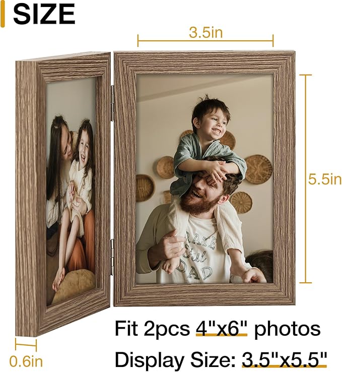 decorUhome Double 4x6 Picture Frame Vertical, Engineered Wood Bifold Photo Frame with Plexiglass for Tabletop Display, 4x6, Oak