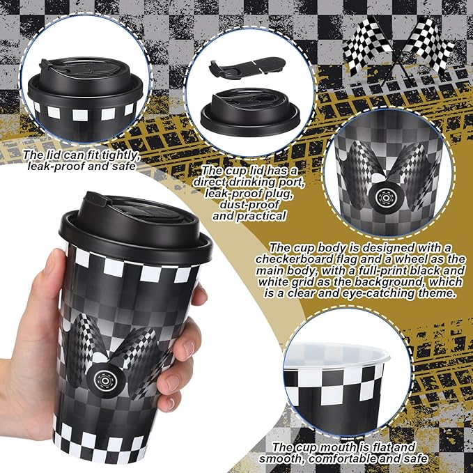 Yungyan 24 Sets Checkered Flag Party Favors Goodie Cups with Lids and Straws for Birthday Decorations Reusable 16oz Plastic Candy Cups Plastic Straws for Birthday Party (Checkered Flag)