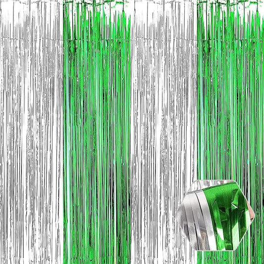 6 Pack Silver Green Foil Fringe Curtain Backdrop, 3.28Ft x 8.2Ft Metallic Tinsel Foil Fringe Streamer Curtains for Photo Booth, Birthday, Wedding, New Year Party Decorations