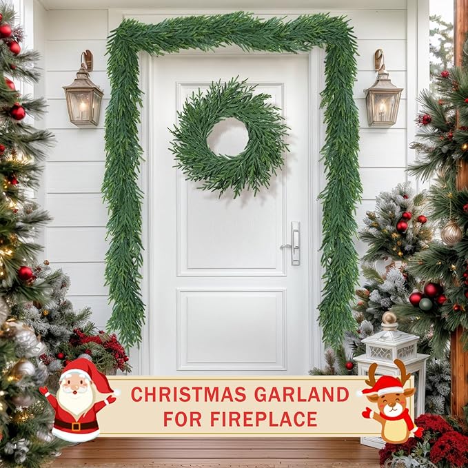 9 Ft Christmas Cedar Garland for Staircase Railing Real Touch Soft Bendable Faux Winter Xmas Greenery Pine Garlands Mantle Garland for Decoration for Table Fireplace Door Railing Wall Home Decor