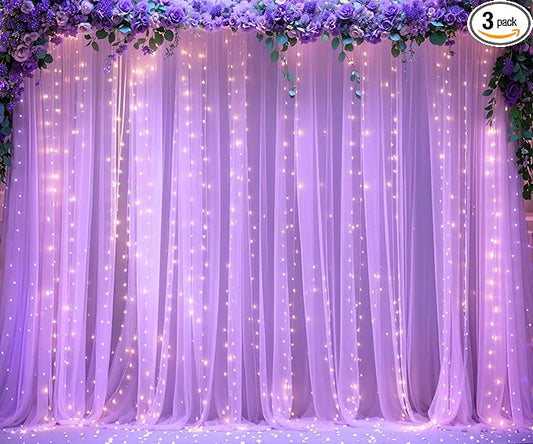 Lavender Tulle Photo Backdrop Curtain with Lights String for Parties Wedding Bridal Shower Sheer Lavender Curtain Backdrop for Birthday Party Baby Shower Photo Booth Photography 20ft x 10ft