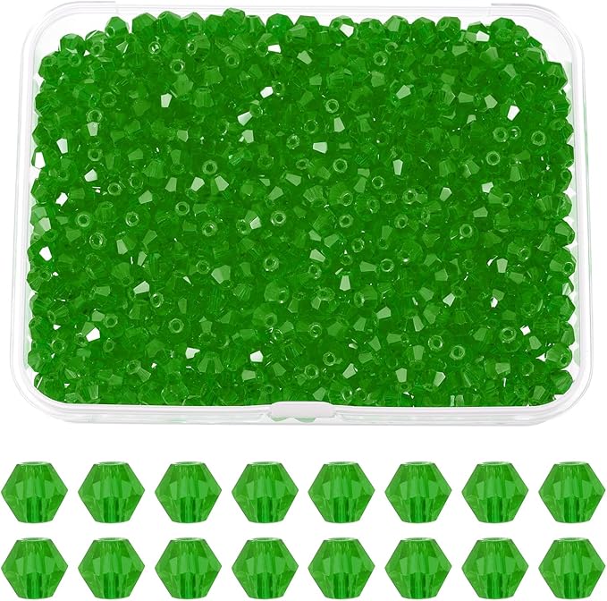 PATIKIL 1000pcs 4mm Bicone Glass Crystal Beads, Faceted Glass Spacer Beads with Box for Jewelry Making Bracelet Necklace Earrings DIY Suncatcher Craft, Grass Green