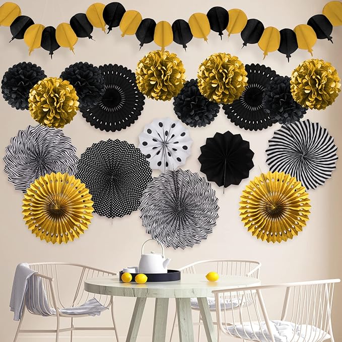 Black and Gold Decorations, Paper Pompoms Fan for Graduation Birthday Wedding Prom Night New Years Black and Gold Party Decorations