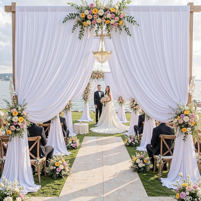 30ft x 15ft White Wrinkle Free Backdrop Curtains for Parties,Silky Polyester Fabric Wedding Ceiling Drapes, 6 Panels 15ft Photo Back Drop Drapes for Baby Shower Photography Stage Background Cloth