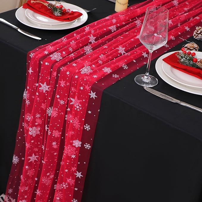Snowkingdom Red Christmas Table Runner, Red and White Snowflakes Cheesecloth Table Runner, Chiffon Gauze Seasonal Winter Kitchen Dining Decorations for New Year Home Party Decor 120 Inch