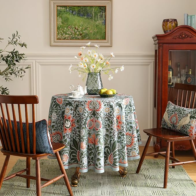 ISAENNE Designer Bohemian Linen Green Small Round Tablecloth,Floral Indoor Table Cloth,Stain Resistant Decor Tablecloths for Dining Thanksgiving Kitchen Party Christmas,Diameter 55"-Naples