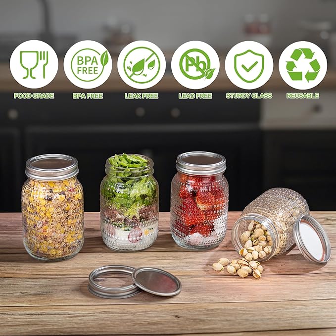 WELLIFE Mason Jars 32 oz, 4 Pack Quart Mason Jars Wide Mouth for Pickling, Canning, Fermenting and Food Storage, Microwave & Dishwasher Safe