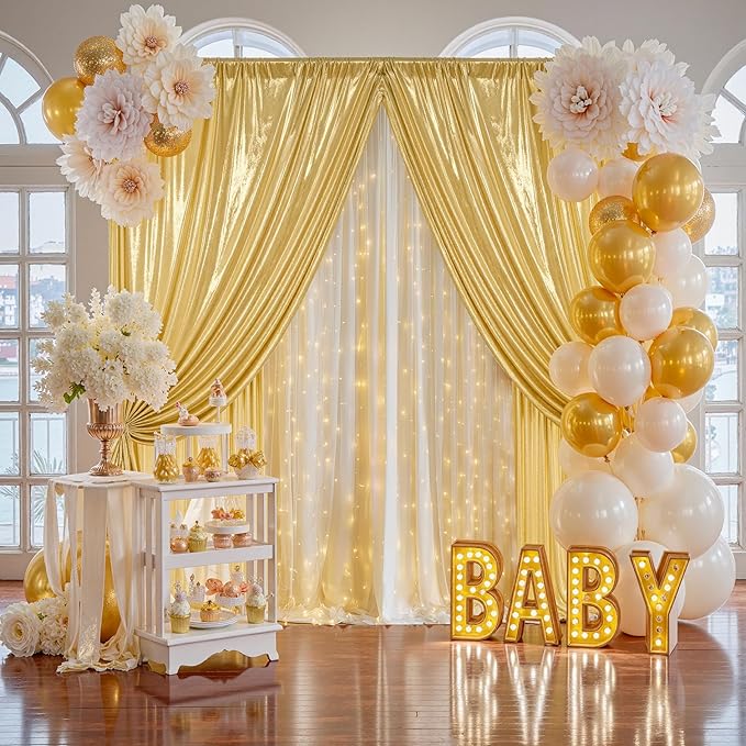 20x10FT Gold Sequin Backdrop - 4 Panels 5x10FT Wrinkle-Free Glitter Drapes for Weddings, Parties & Events