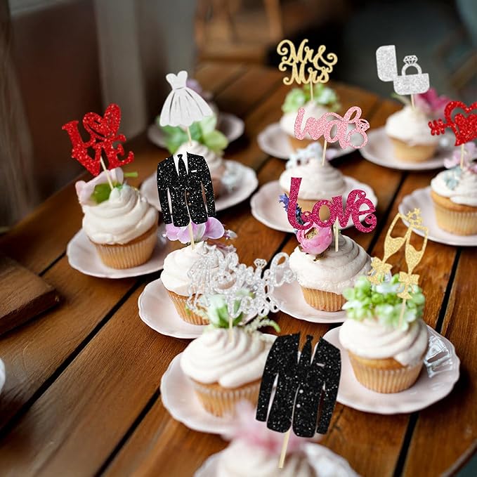 Ephlyn 30Pcs Bride to be Cupcake Toppers Glitter Wedding Cake Topper Decorations I Do Love Heart Ring Cupcake Picks for Bridal Shower Wedding Engagement Party Supplies Multicolor
