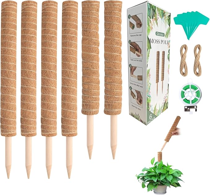 6 Pack Moss Poles for Monstera Plant Support (4x17in + 2x12in, 92in Total) – Stackable Moss Pole for Plants,Ideal Plant Stakes for Indoor Plants, Pothos, and Philodendron Support，with Garden Ties