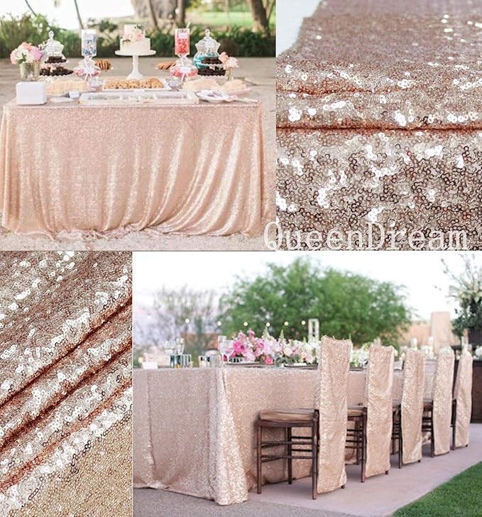 QueenDream Sequin Tablecloth 90"x132" Champagne Blush Party Tablecloth Rectangular Seamless Sequin Table Cloth Glitter Wedding Birthday Bridal Shower Decorations