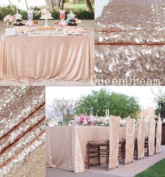 QueenDream Sequin Tablecloth 90"x132" Champagne Blush Party Tablecloth Rectangular Seamless Sequin Table Cloth Glitter Wedding Birthday Bridal Shower Decorations