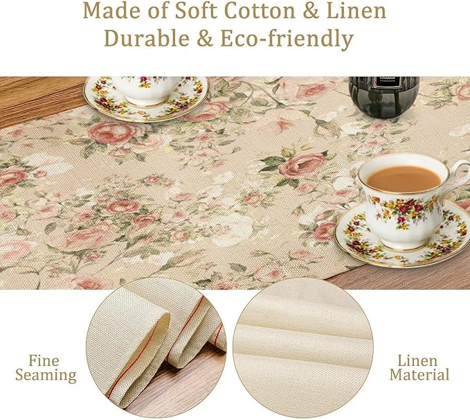 Lovely Rose Table Runner, Red and White Vintage Rose Delicate Floral Natural Pattern Long Table Restaurant Kitchen Holiday Party Decoration,13in（33cm） W * 108in（274cm） L