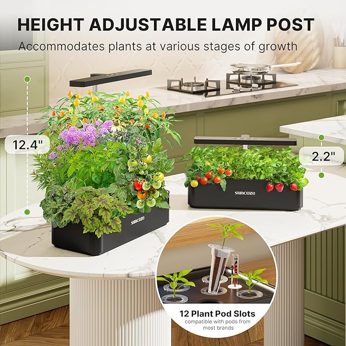 SUNCOZE Hydroponics Growing System Kit 12 Pods, 24W LED Grow Light Indoor Garden, 4L Water Tank with Quiet Pump, Adjustable Height Herb Garden Planter Indoor Kit, Gardening Gifts, Black