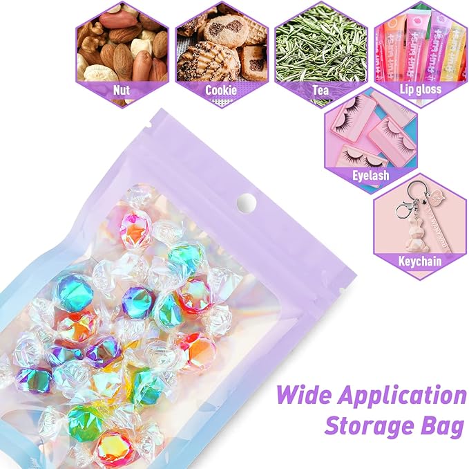 Funfery 100 Pack Gradient Holographic Bags,Mylar Resealable Bag with Zipper,Clear Window Packaging Pouch,Smell Proof Bags for Food Storage,Sample Jewelry Baggies(5.5x7.9In,Purple Blue)
