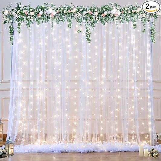 10ft x 10ft White Tulle Backdrop Curtain with Lights String for Parties Wedding Bridal Shower Sheer White Curtain Backdrop for Birthday Baby Shower Photo Booth Background Decorations