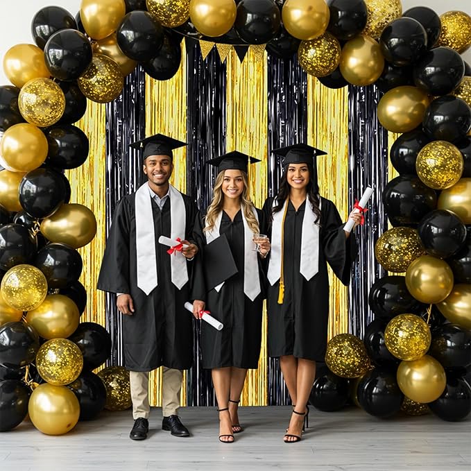 BEISHIDA 2Pcs Black Gold Door Streamers Congrats Grade 2025 Decoration Backdrop Foil Fringe Tinsel Party Streamers Curtains Backdrops Birthday Graduation New Year Party Decoations(3.28 ft x 6.56 ft)