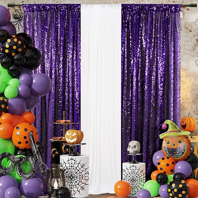SquarePie Sequin Backdrop Curtain 2FT x 8FT Purple 2pcs Background for Wedding Halloween Party Christmas
