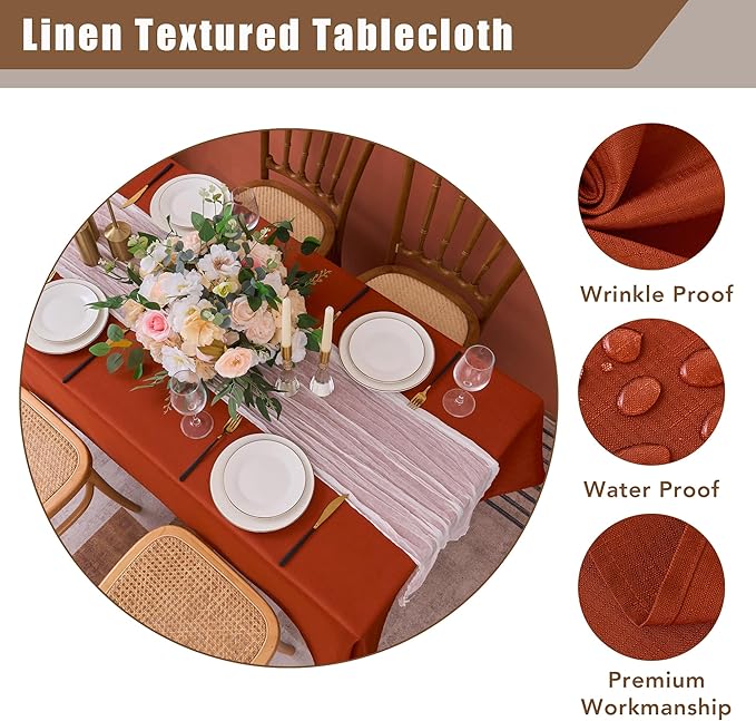 Fitable Faux Linen Rectangle Tablecloths 60 x 120 Inch - 2 Pack Rust Table Cloth for 6-8 Foot Tables, Faux Burlap Kitchen Table Cover for Thanksgiving Autumn Dining Party Farmhouse Banquet Buffet