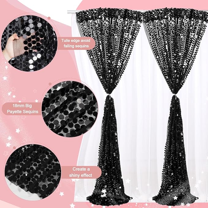 Black Big Payette Sequin Backdrop - 2 Pieces 4ftx8ft Birthday Party Reception Photo Booth Backdrop Curtains Drapes Fabric