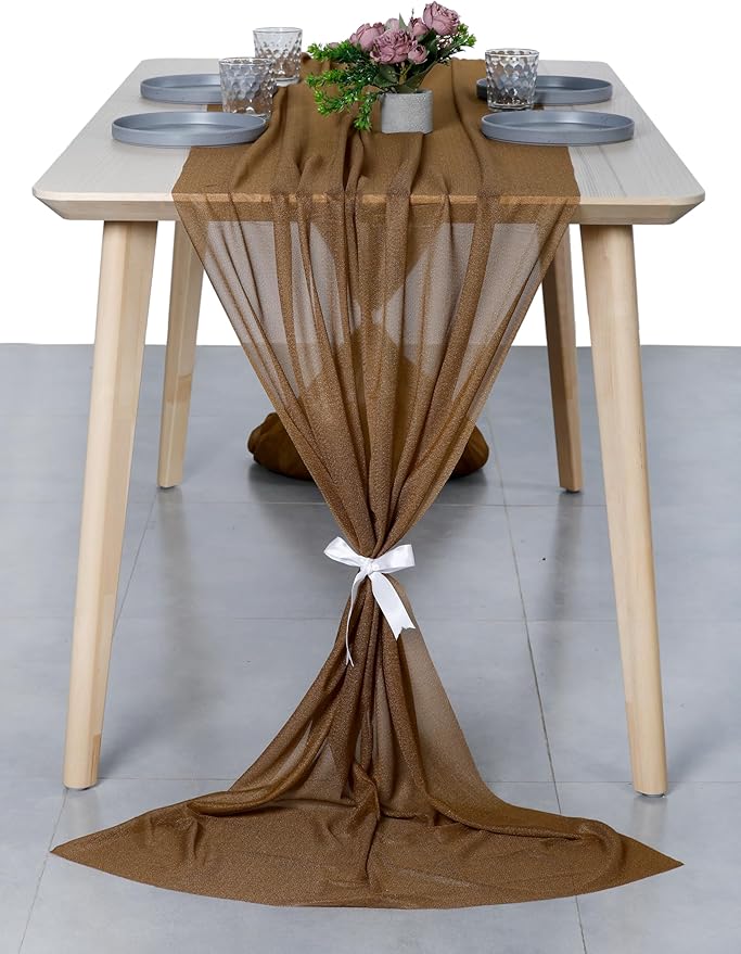 MDS 2 Pack 14ft Chiffon Table Runner 29 x 170 Inches Sheer Wedding Runner Romantic Rustic Table Runner for Wedding Decorations, Birthday Parties, Bridal Shower Party Arch Decor - Mocha