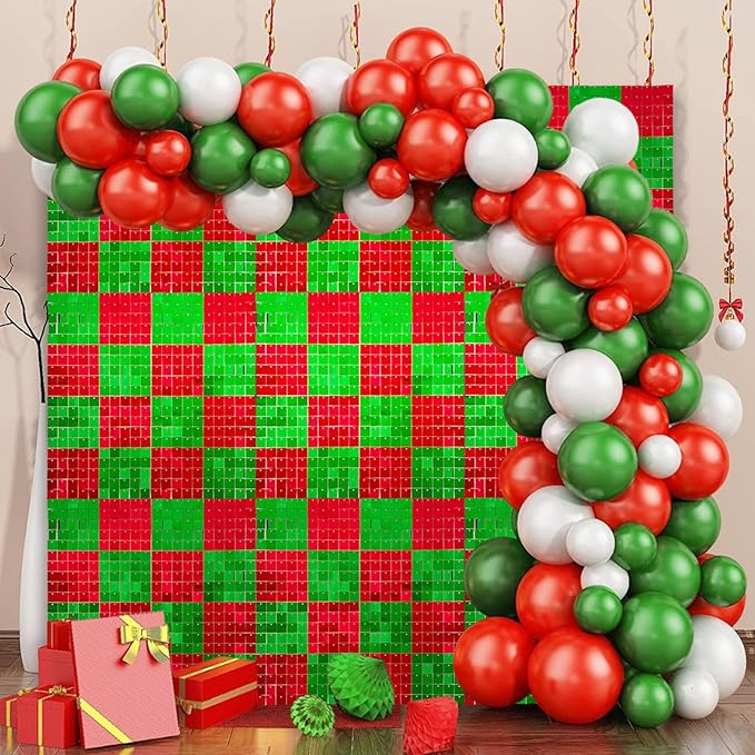 24PCS Red Green Shimmer Wall Backdrop, Xmas Square Sequin Photo Backdrops Panel, Glitter Wall Background for Birthdays, Weddings, Christmas, Engagements, Disco Bachelorette Party Decor (4FTx6FT)