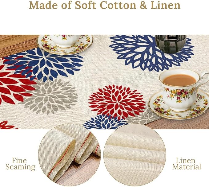 4th of July Table Runner, Blue Red Dahlia Flower American Patriotic Memorial Day Table Runner for Farmhouse Kitchen Dining Table Party Decor, 13x90inch