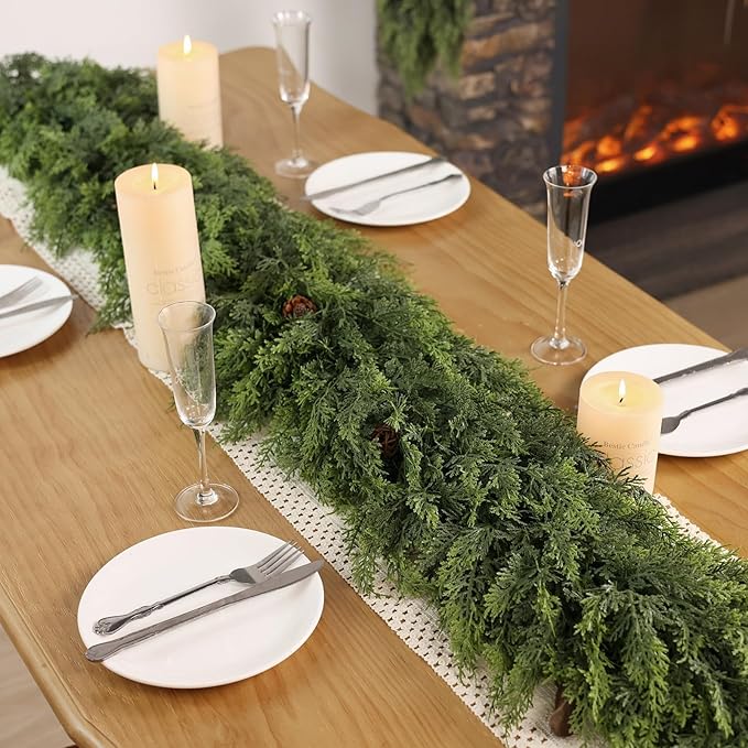 Christmas Cedar Garland - 6ft Artificial Cedar Garland Faux Lush Green Fake Pine Needles for Fireplace,Table,Window,Stairs,Mante,Holiday Indoor Outdoor Xmas Decor(1PCS)