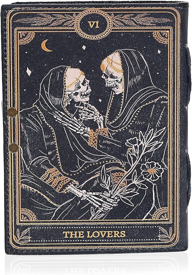 C CUERO Book of Spells Leather Journal Deckle Edge Paper Grimoire Printed Journal The Lovers Tarot Notebook Spiral Gothic Notebook Skull lover Antique Vintage Leather Journals for Men and Women (6 * 8