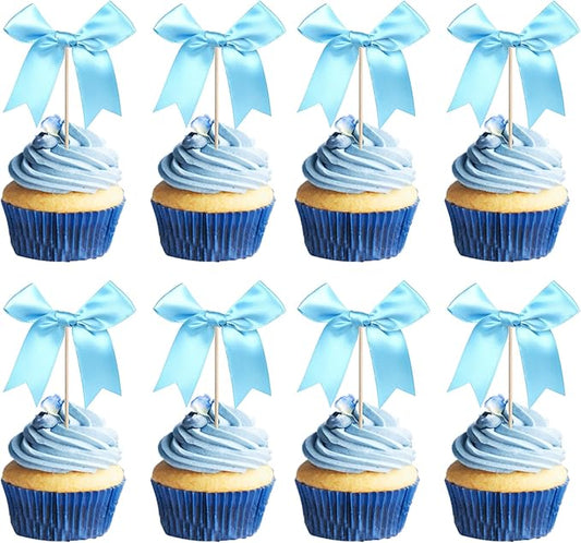 24 PCS Bow Cupcake Toppers Bowknot Cake Toppers Bow Girls Birthday Cake Decorations Bow Cake Dessert Picks Bowknot Cupcake Picks for Baby Shower Birthday Wedding Bridal Engagement Party Supplies Blue