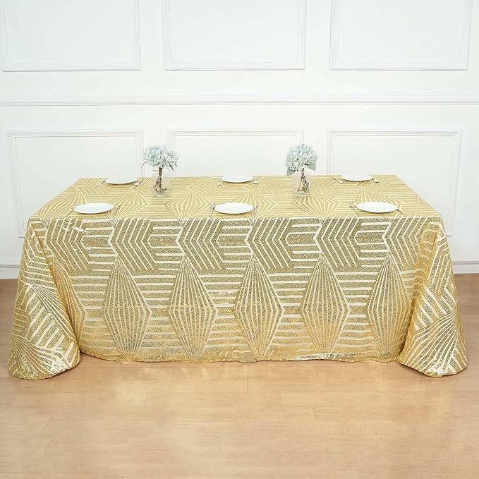 Efavormart 90"X132" Gold Sparkly Sequin Geometric Tulle Rectangular Tablecloth