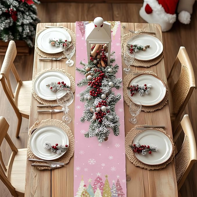 GEEORY Christmas Table Runner 13x48 Inch, Xmas Trees Snowflakes Holiday Decorative Farmhouse Table Decoration for Kitchen Dinning, Indoor Outdoor Dinner Party Decor (Pink) GT153-48