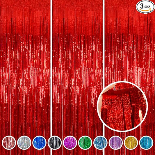 Foil Fringe Curtains Red Streamers Party Decorations - Melsan 3 Pack 3.2 x 8.2 ft red Fringe Backdrop Party Photo Backdrop for Back to School Birthday Party Baby Shower or Graduation Decorations